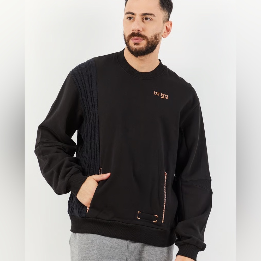 Puma Est‎ 1973 Black Crewneck Sweatshirt Men's Textured Sleeve Zip Pockets